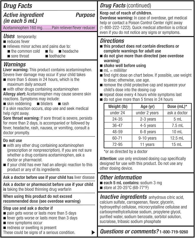Amazon Basic Care Children's Pain and Fever, Acetaminophen 160 mg per 5 mL Oral Suspension, Dye-Free Cherry Flavor, Fever Reducer and Pain Reliever for Headache, Sore Throat and Toothache, 8 fl oz
