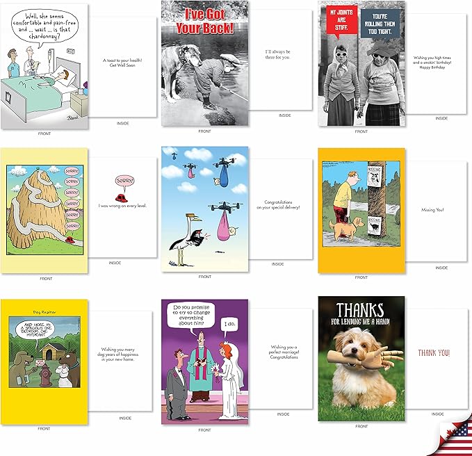 NobleWorks - 36 Assorted Funny Mixed Occasions Cards Box Set with Envelopes - Humor Get Well, Blank Bulk Greeting Card Variety Pack (36 Designs, 1 Each) - Mixed Messages AC9145XXG-B1x36