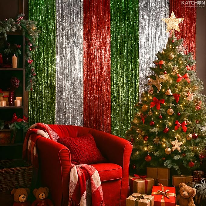 KatchOn, XtraLarge Christmas Foil Fringe Curtains - Pack of 6 | Red and Green Backdrop for Christmas Decorations Indoor, Xmas Decorations | Fringe Backdrop for Holiday Party Decor