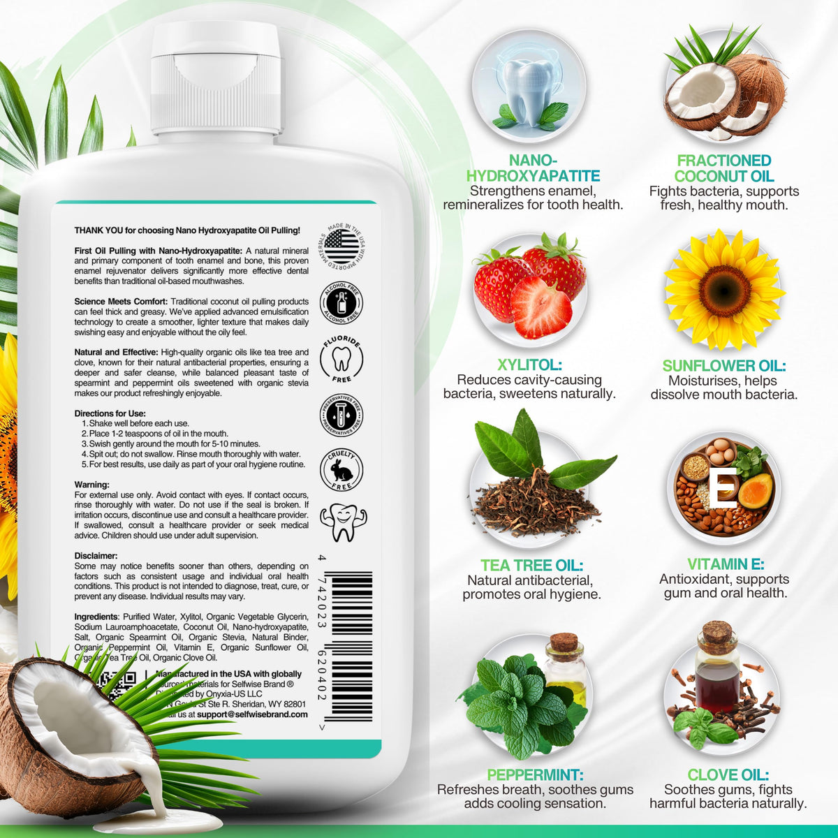 Nano-Hydroxyapatite Oil Pulling Whitening Mouthwash for Teeth and Gums, Natural & Organic, Whitens Teeth, Strengthens Enamel, Fights Bad Breath & Plaque – Smooth & Non-Greasy – for Adults & Kids 8oz