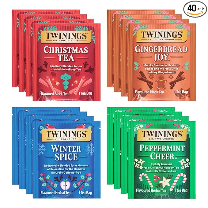 Twinings Christmas Holiday Variety Tea Bag Pack (40 Count) 4 Flavors Include Christmas Tea, Winter Spice, Gingerbread Joy, Peppermint Cheer, Seasonal Gift for Her, Him, Family, Friends