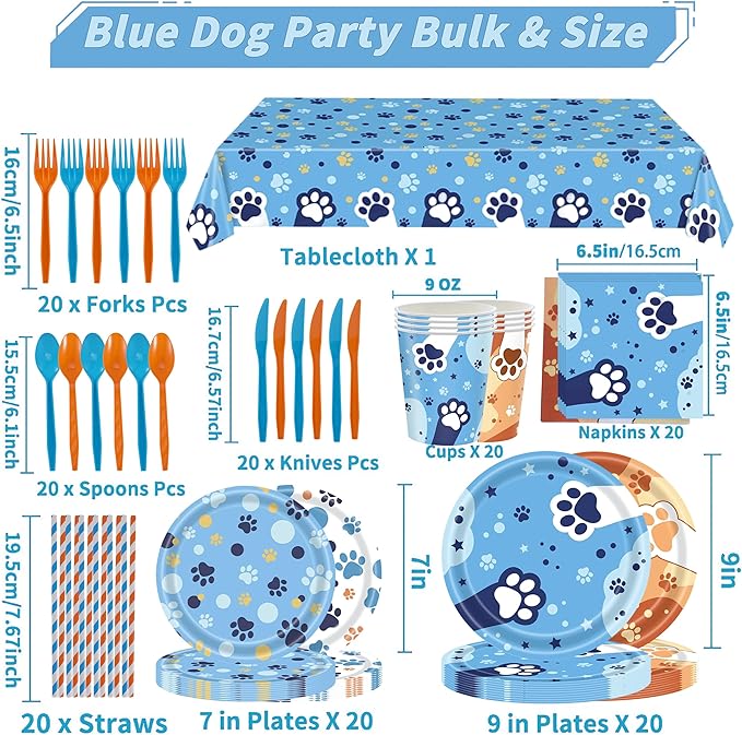 Cute Blue Dog Birthday Party Supplies Serves 20 Guests, 161CT Blue&Orange Dog Paw Print Party Dinnerware Dcorations, Pretty Puppy Plate, Tablecloth, Napkin, Cup for Birthday, Kids’Party, Baby Shower