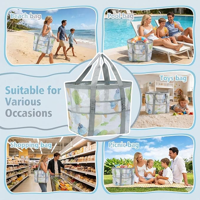 Mesh Beach Bags for Family - Women Beach Tote Bag for Toys, Towels, Travel Vacation Cruise Essentials