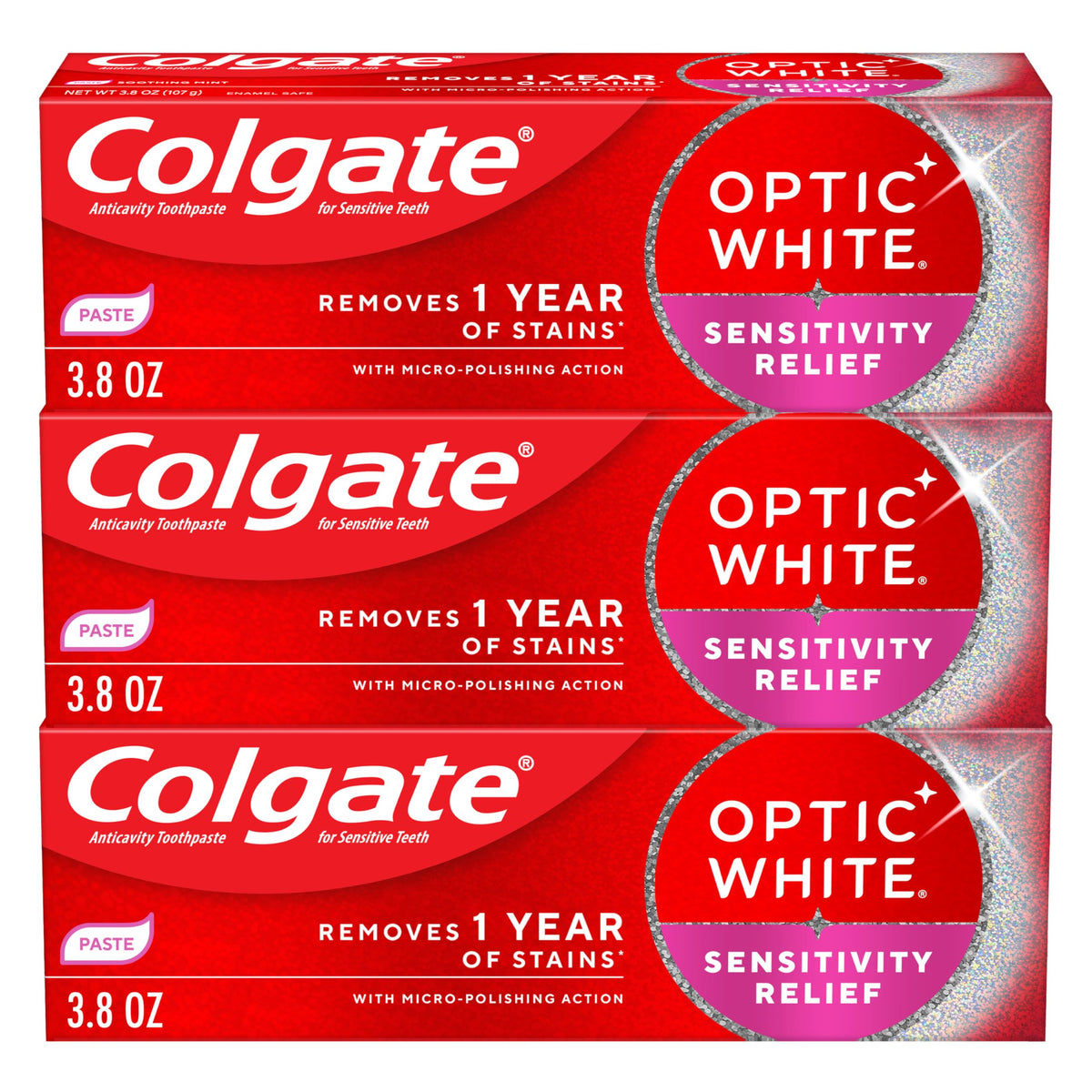 Colgate Optic White Sensitivity Relief Teeth Whitening Toothpaste, 3 Pack, Anticavity Toothpaste for Sensitive Teeth, Fluoride, Enamel Safe, Soothing Mint Flavor, 3.8 OZ