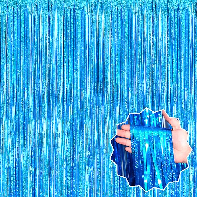6 Pack Lake Blue Foil Fringe Curtains Backdrop, 3.28 x 8.2 Ft Metallic Streamers Tinsel Curtains Background for Photo Booth, Birthday, Christmas, Halloween, Thanksgiving, New Year Party Decorations