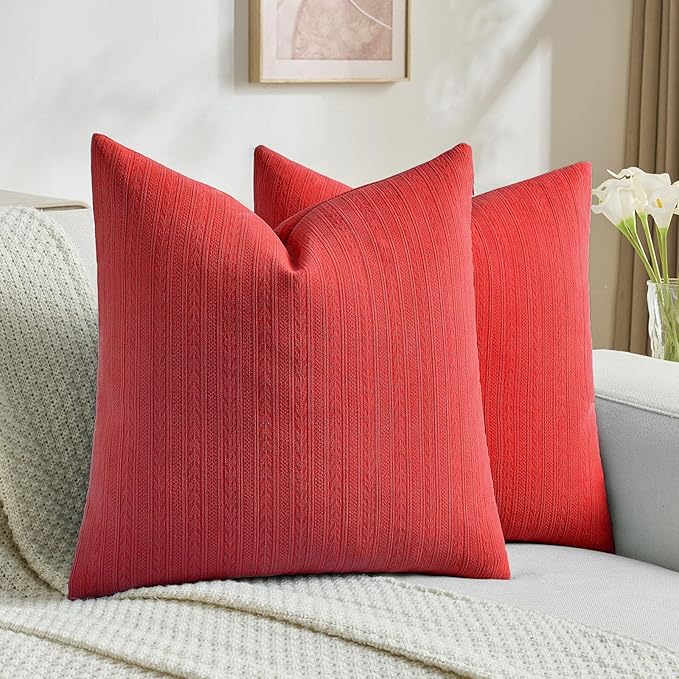 FUTEI Christmas Red Decorative Throw Pillow Covers 16x16 Inch Set of 2,Soft Cozy Wheat Ear Striped Patterns Cushion Cases,Modern Home Decor for Couch Bed Living Room