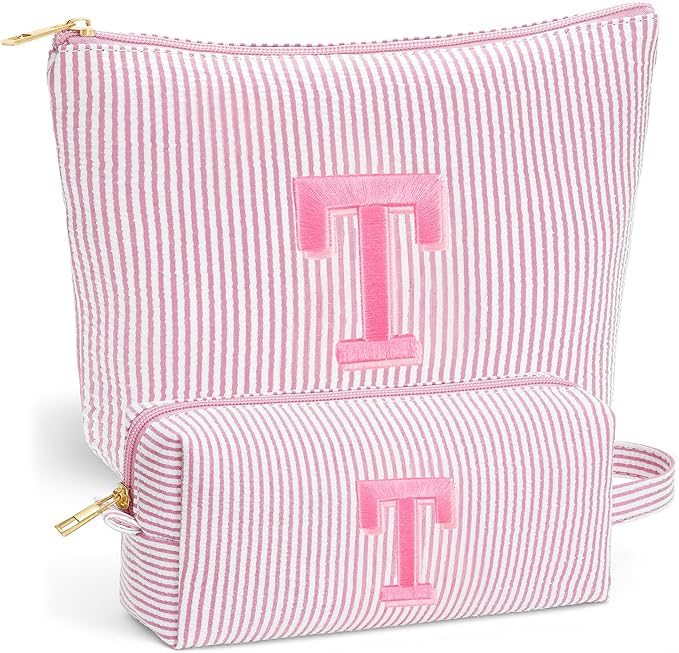 Initial Makeup Bag for Women - Travel Pouch, Portable Personalized Cosmetic Bag Make up Kit Pouch | Travel Essentials Cute Makeup Bag Birthday Gifts for Women, Light Pink Letter T