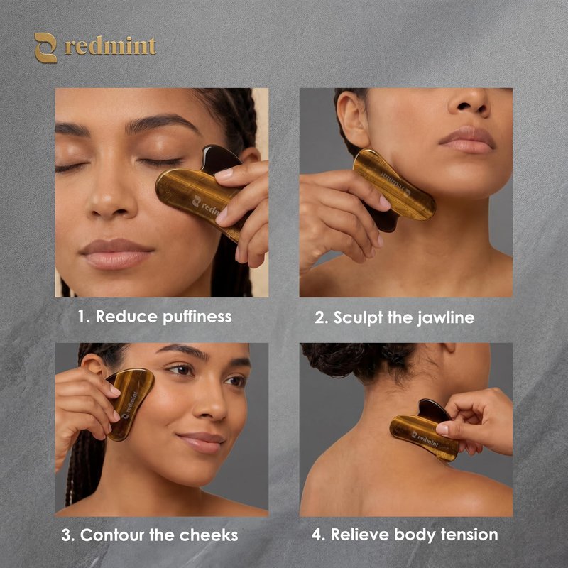 Redmint Tiger Eye Gua Sha Tool for Face, Natural Face Stone Gua Sha Facial Massage Tool for Puffiness Reducing, Jawline Sculpting, Lymphatic Drainage Support, Skin Care Routine