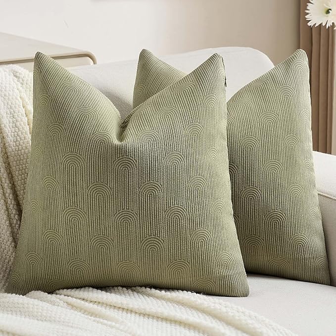 FUTEI Moss Green Chenille Decorative Throw Pillow Covers 24x24 Inch Set of 2,Soft Cozy Striped Geometric Patterns European Cushion Case,Modern Home Decor for Couch Bed Living Room