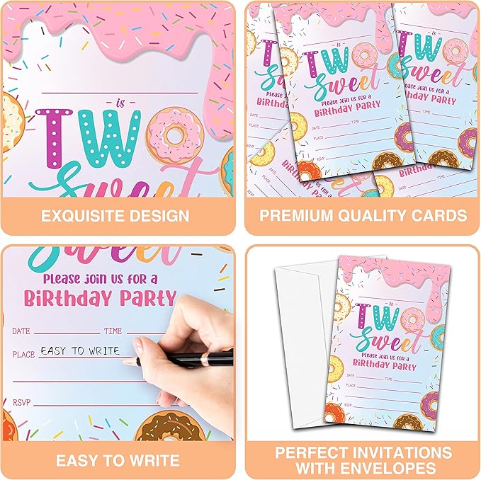 Donut Sweet Two Birthday Party Invitations, 20-Count Donut 2nd Birthday Party Invites With Envelopes-HBYQK-B47