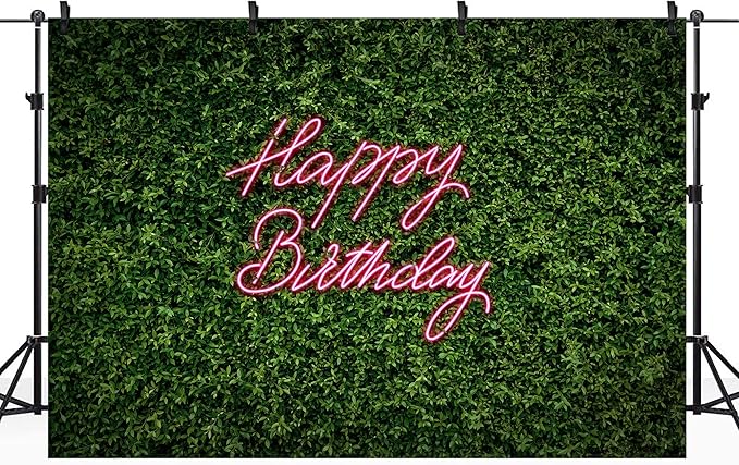 Riyidecor Happy Birthday Backdrop for Women Green Leaves Grass Leaf Girls Spring Plant 7Wx5H Feet Nature Neon Pink Photography Background Birthday Party Decoration Photo Studio Shoot Polyester Fabric