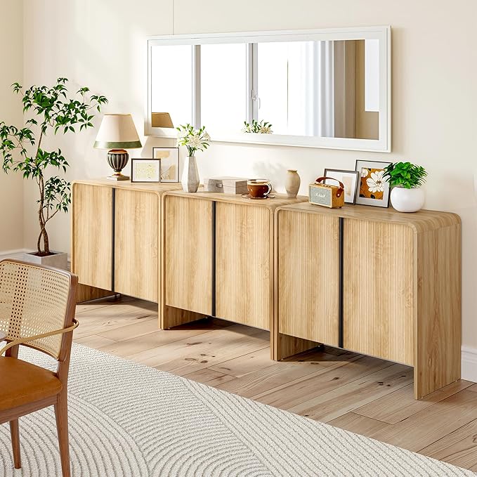 BERRYMERRY 2 Door Fluted Sideboard Buffet Cabinet with Storage, Modern Wood Cabinet with Adjustable Shelves for Living Room, Dining Room (Light Wood 6 Doors)