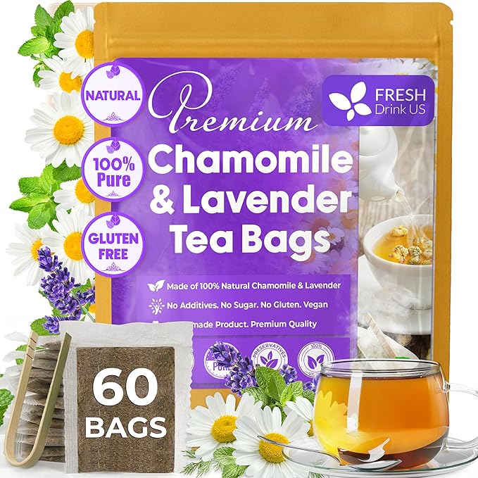 FreshDrinkUS, Premium 60 Chamomile Lavender Tea Bags, Calming Herbal Blend Strong Support for Relaxation & Better Sleep | Naturally Caffeine-Free Bedtime Tea with Soothing Floral Aroma, 100% Natural, Hand-made No Sugar/ Caffeine/ Gluten, Vegan