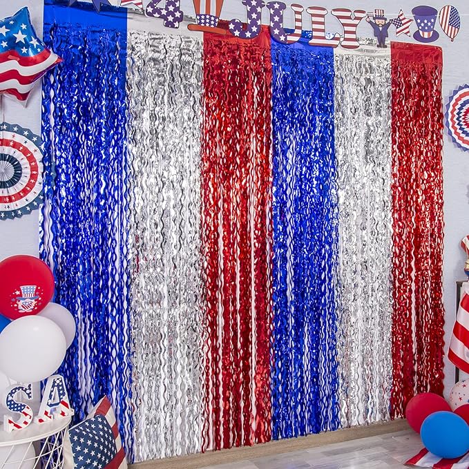 LOLStar 4th of July Decorations,Red White and Blue 3 Pack Wave Tinsel Foil Fringe Curtains, Memorial Day Photo Booth Prop Streamer Backdrop for Patriotic America Party, Independence Labor Day