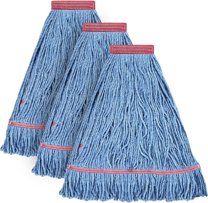Matthew Cleaning 24oz Heavy Duty Mop Head Commercial Replacement for General and Floor Cleaning, Wet Industrial Blue Cotton Looped End String Head Refill (Pack of 3) Blue