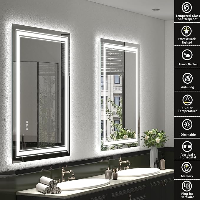24x32 LED Bathroom Mirror, Lighted Mirror for Bathroom Wall, Backlit and Front lit, Dimmable, Anti-Fog, Shatterpoof, Memory (Horizontal/Vertical)