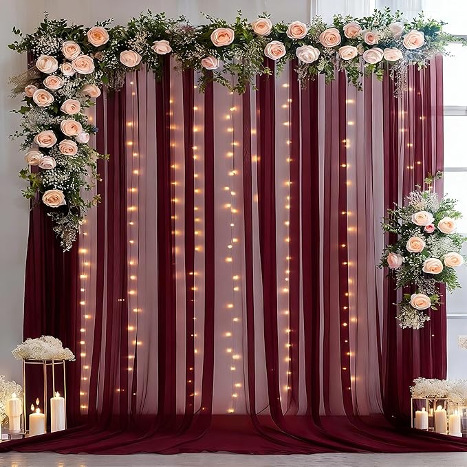 20×10ft Burgundy Tulle Backdrop Curtain with Lights String for Parties, Sheer Photo Backdrop Curtains for Wedding Party Photography Background