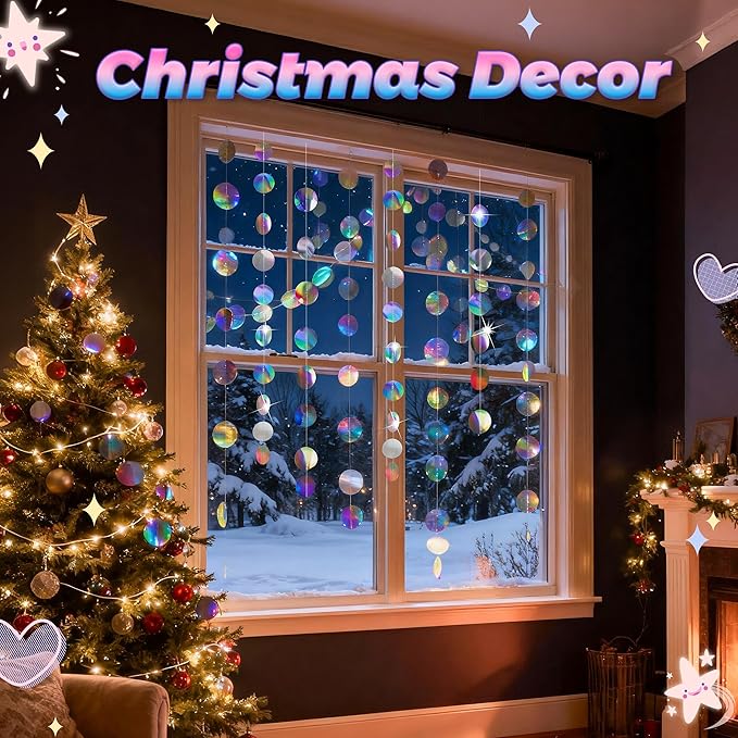 BTSD-home Iridescent Party Decorations 4 Pack Iridescent Garland Circle Dots Tool-Free Hanging Holographic Decor for Birthdays Graduation Christmas and Weddings Photography Background