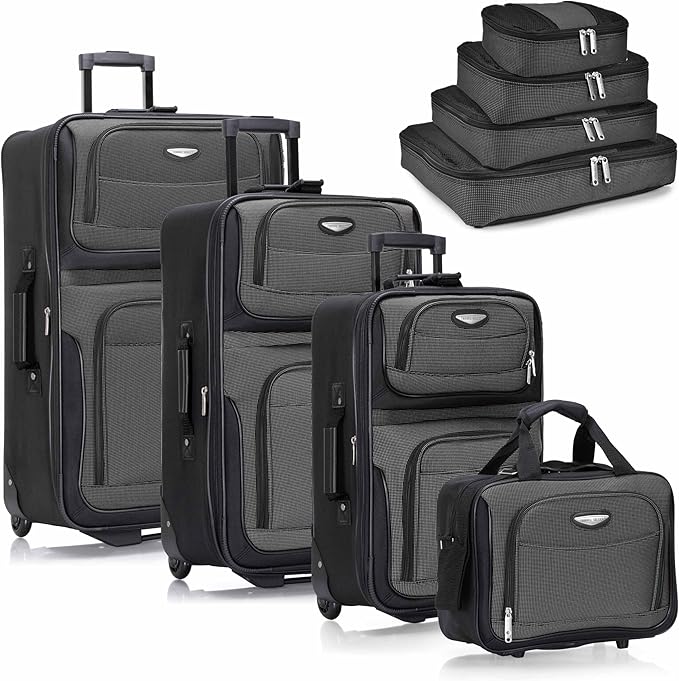 Travel Select Amsterdam Softside Expandable Luggage with Rolling Wheels, Gray, 8-Piece Set (15/21/25/29) with Packing Cubes