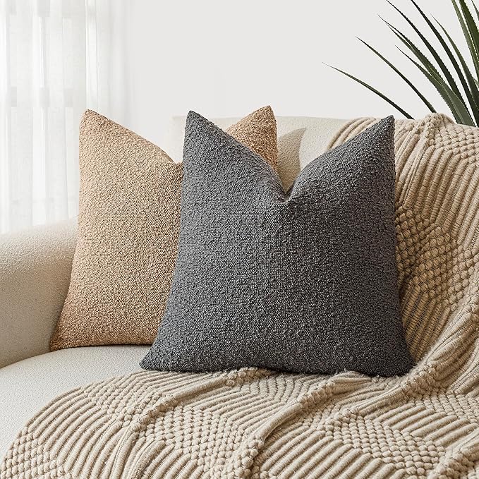 Foindtower Pack of 2 Textured Boucle Throw Pillow Covers Accent Solid Decorative Pillow Cases Cozy Woven Couch Cushion Case for Sofa Bedroom Living Room Home Decor, 20 x 20 Inch,Dark Grey
