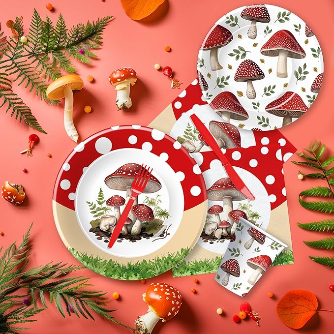 APOWBLS Mushroom Birthday Decorations Party Tableware - Mushroom Baby Shower Decorations And Supplies, Paper Plate, Cup, Napkin, Disposable Disposable Fork | Serves 24