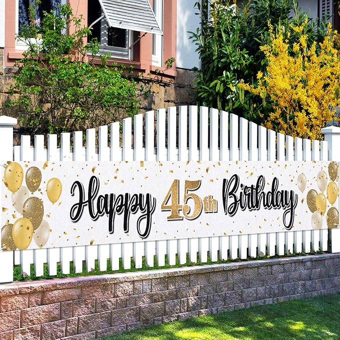 Happy 45th Birthday Decorations,45th Gold Balloon Large Birthday Hanging Banner Sign,45 Years Old Bday Party Supplies.