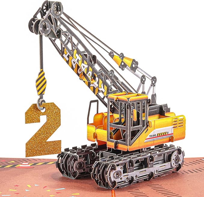 Liif Crane Truck Happy 2nd Birthday Card,3D Greeting Pop Up Card For Age 2,Two Years Old,For Kids, Boy, Nephew, Grandson, Toddler,With Message Note & Envelop,Size 7x5 Inch