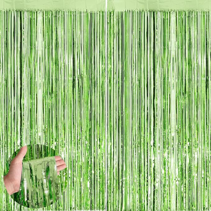 Light Green Metallic Tinsel Foil Fringe Curtains, 2 Pack 3.3x8.3 Feet Party Streamer for Birthday Party Decorations, Halloween Decor, Foil Curtain for Christmas Party