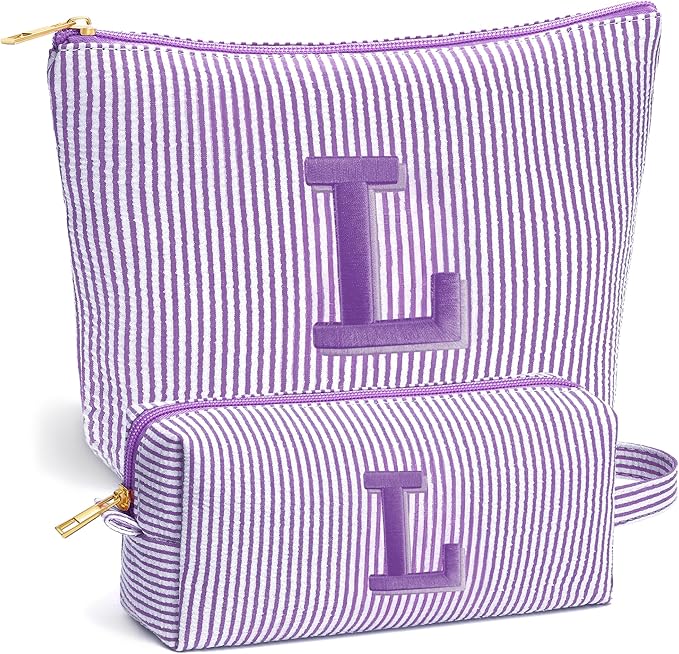 Travel Toiletry and Makeup Bag - Travel Essentials for Women, Purple Initial Makeup Bags for Hair Ties, Clips, Brushes, Sponges, Lipsticks, Blush, Eyelash Curler, Easy to Carry, Purple Letter L
