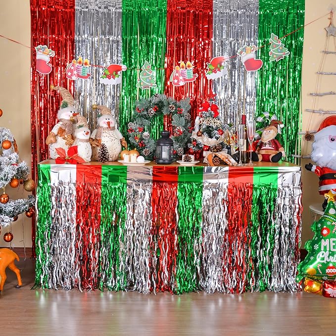 LOLStar Christmas Party Decorations, 2 Pack Red White and Green Wavy Metallic Tinsel Foil Fringe Table Skirt for Rectangle & Round Tables, Perfect Table Decorations for Christmas Ugly Sweater Party