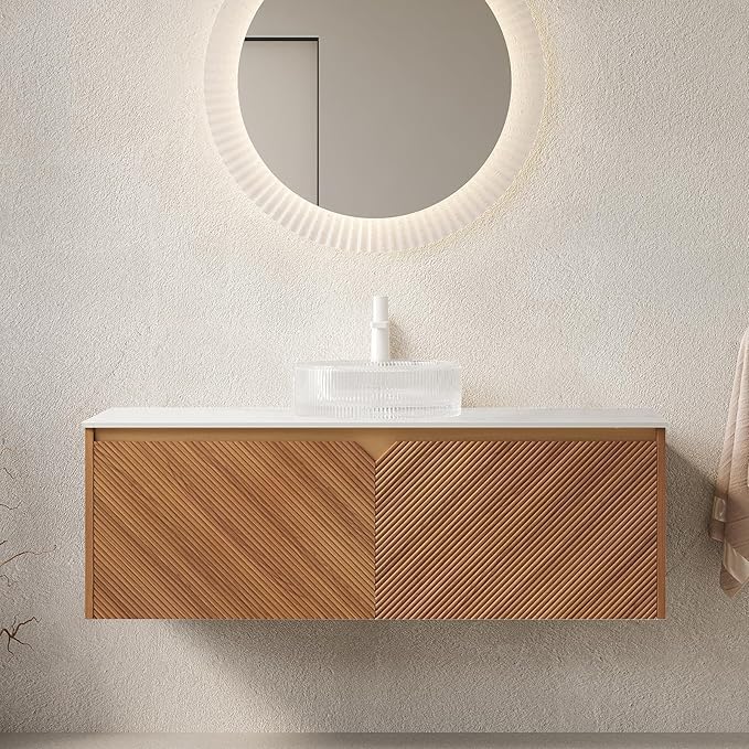 48 Inch Bathroom Vanity with Sink, Floating Fluted Vanity with Vessel Sink, Modern Wall Mounted Bathroom Vanity Cabinet with 2 Doors, Glass Vessel Sink & Sintered Stone Top, Oak