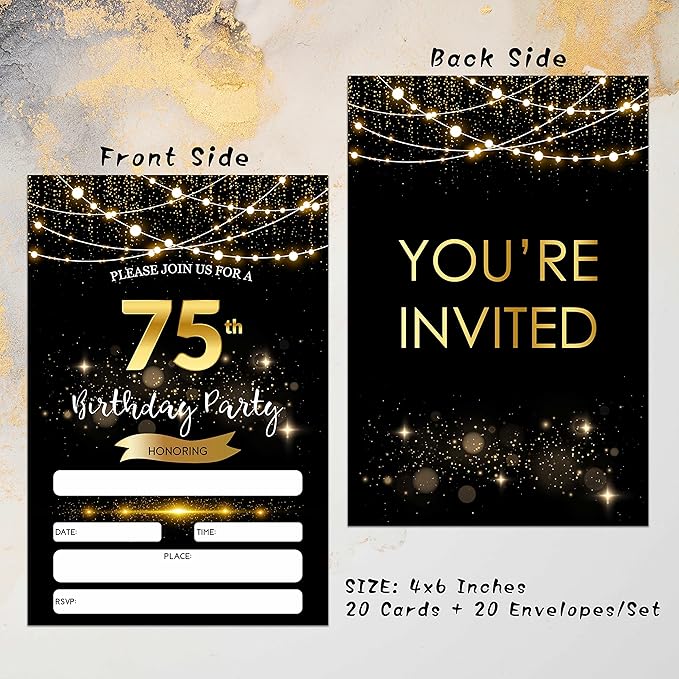 75th Birthday Invitations with Envelopes - Black Gold Glitter Fill-in Invites Cards - Surprise Birthday Party Invitation Card for Him/Her - Adults Birthday Party Favors Supplies Decorations (20 Pack)