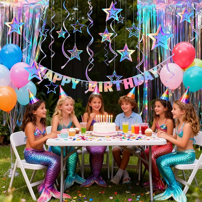 BTSD-home Iridescent Star Garland Decorations Holographic Hanging 3D Twinkle Stars Spira Swirl Ribbons Birthday Wedding Backdrop Galaxy Party Decor Space Starry Night Theme Party Supplies