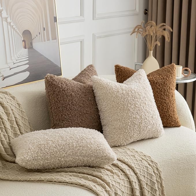 Pack of 2 Curly Teddy Wool Faux Fur Throw Pillow Covers Fuzzy Accent Soft Sherpa Pillowcases Sheepskin Fleece Decorative Cushion Case for Sofa Couch Living Room 20x20 Inch Neutral Light Beige