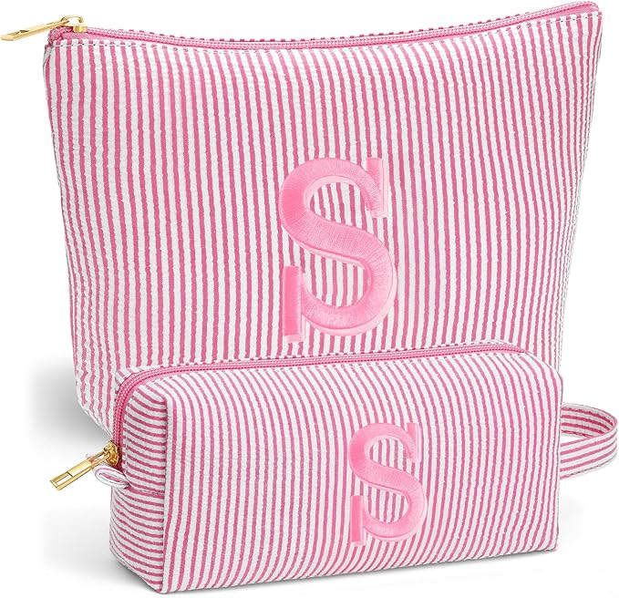 Travel Makeup Bag for Girls - Personalized Initial Pink Makeup Bag, Teen Girl Gifts Trendy Stuff, 6 7 8 9 10 11 12 Year Girl Birthday Gift, Christmas Gift for Girls Travel Essentials, Letter S