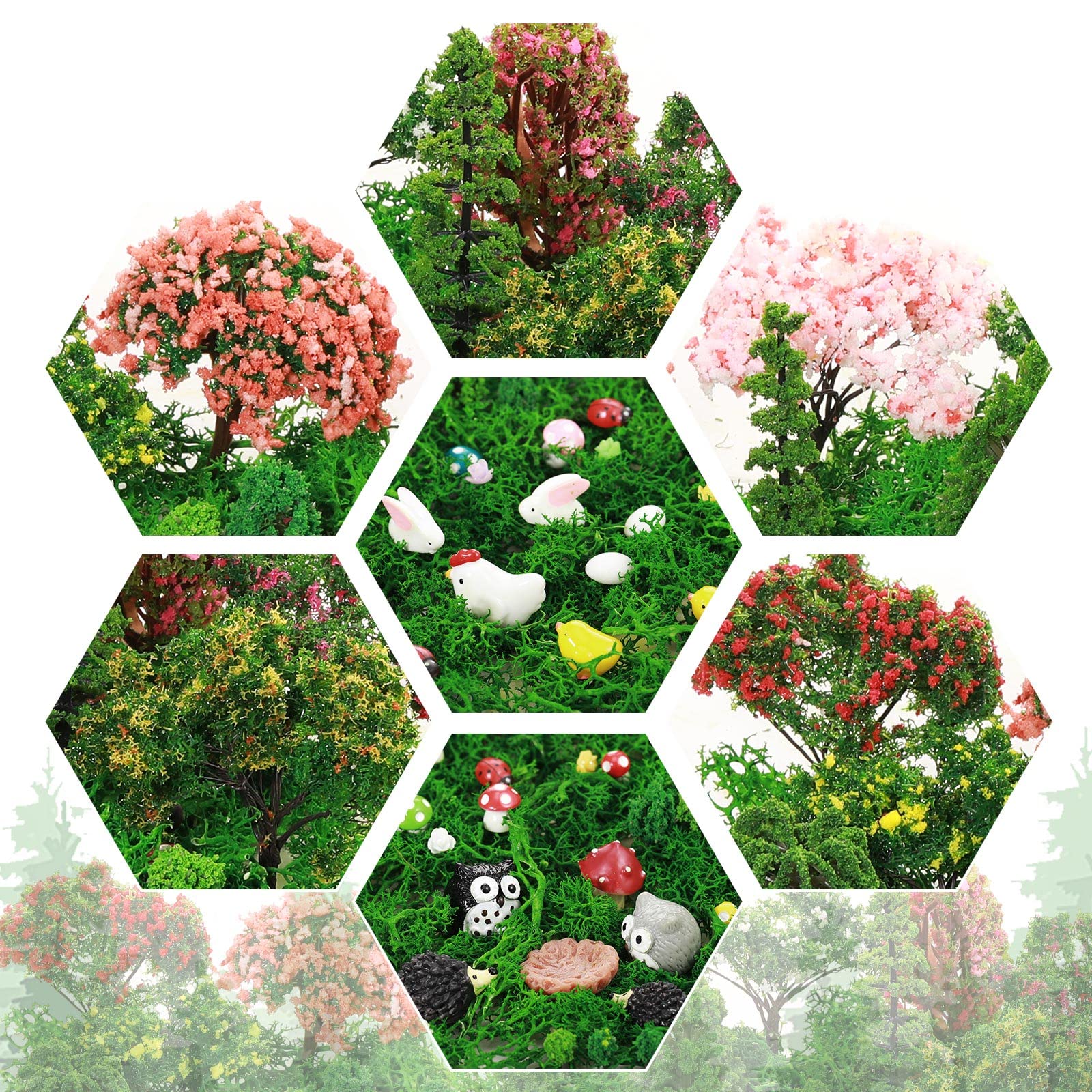 Hoteam 72 Pcs Miniature Garden Accessories Mini Moss Garden Animals Rabbit Owl Miniature Figurines Fake Diorama Trees Natural Outdoor Sheet for DIY Fairy Craft Decor