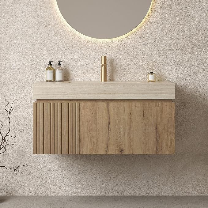 Bathroom Vanity with Sink 36 Inch, Floating Bathroom Vanity Sink Cabinet with Drawer and Door, Undermount Sink & Travertine-Pattern Sintered Stone Top, Pre-Assembled, White Oak