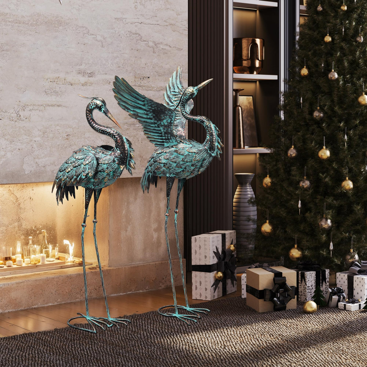 Large Garden Statues Set of 2, Metal Crane Sculptures, Bronze Heron Outdoor