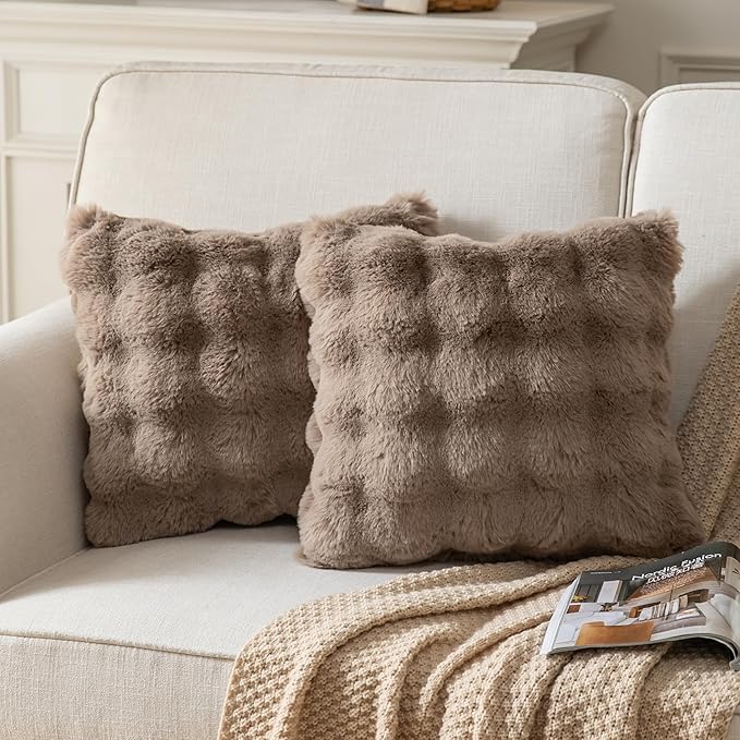 Pack of 2 Thick Plush Throw Pillow Covers Fluffy Wave Faux Fur Decorative Cushion Covers Soft Wool Pillowcase for Sofa Couch Livingroom 22x22 Inch Taupe