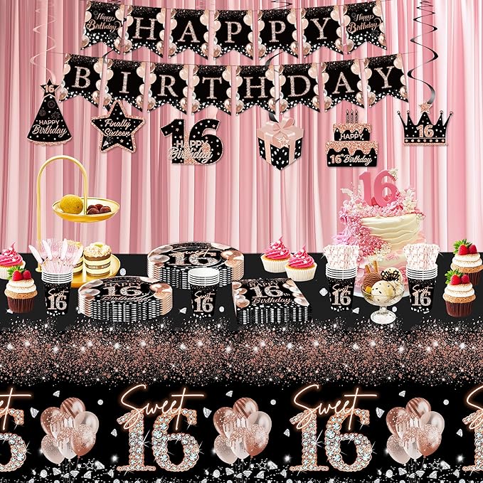Sweet 16 Birthday Decorations for Girls, Black and Rose Gold Happy 16th Birthday Party Supplies Tableware, Paper Plate, Napkin, Cup, Disposable Cutlery, Tablecloth, Banner, Swirls, Serves 24
