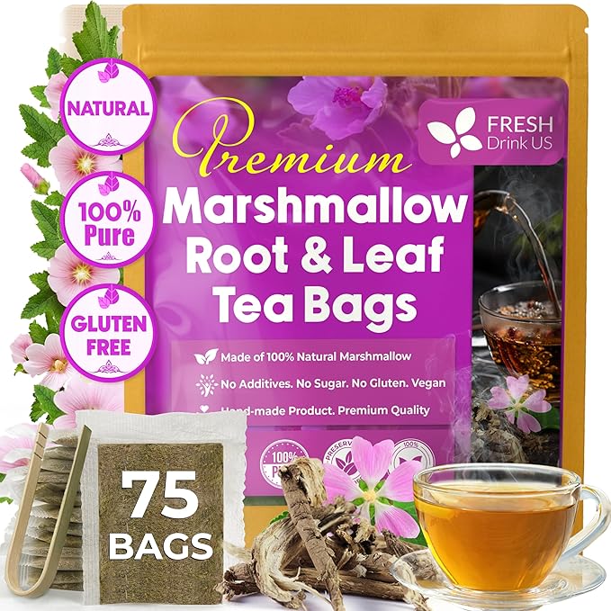 FreshDrinkUS, Premium 75 Marshmallow Root and Leaf Tea Bags, 100% Natural & Pure. Loose Leaf Marshmallow Herbal Tea. Made with Eco-Conscious Tea Bags. No Sugar, No Caffeine, No Gluten, Vegan.