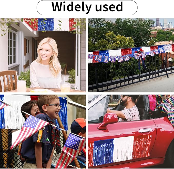 4 Packs 10 Feet Long Foil Fringe 4th of July Garland Memorial Day USA Red White Blue Independence Day Tinsel Metallic Patriotic Wall Hanging Banner for Car Parade Floats Garden Decorations
