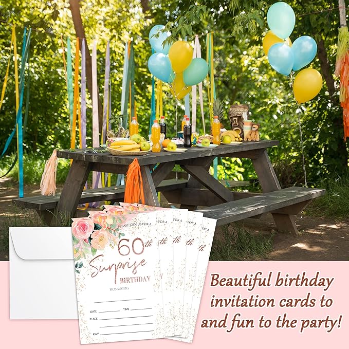 Zodvery Surprise 60th Birthday Party Invitations Cards - 60 Years old Rose Floral Pink Theme Party Supplies for Adult, Woman or Man - 20 Fill in Birthday Party Invitations and 20 Envelopes set/62