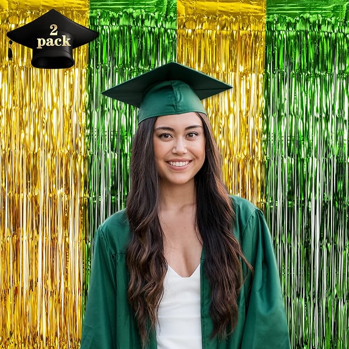LOLStar Graduation Party Decoration, 2 Pack Green and Gold 3.3x6.6 ft Foil Fringe Curtains, Tinsel Backdrop, Graduation Photo Booth Prop Streamer Backdrop for Class of 2026, Prom and Grad Party Decor