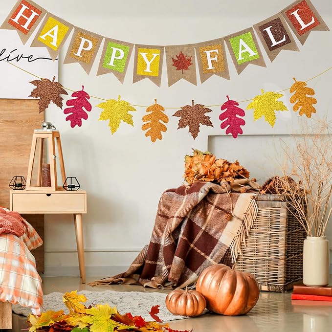 Happy Fall Burlap Banner Glitter Maple Leaf Paper Banner Pre-Assembled Rustic Bunting Garland Hanging Decorations for Autumn Harvest Thanksgiving Home Office School Party Supplie