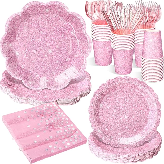 Hushee 175 Pcs Pink Holographic Print Party 25 Guests Disposable Dinnerware Set Include Paper Plates, Napkins, Paper Cups, Plastic Tableware for Birthday Party
