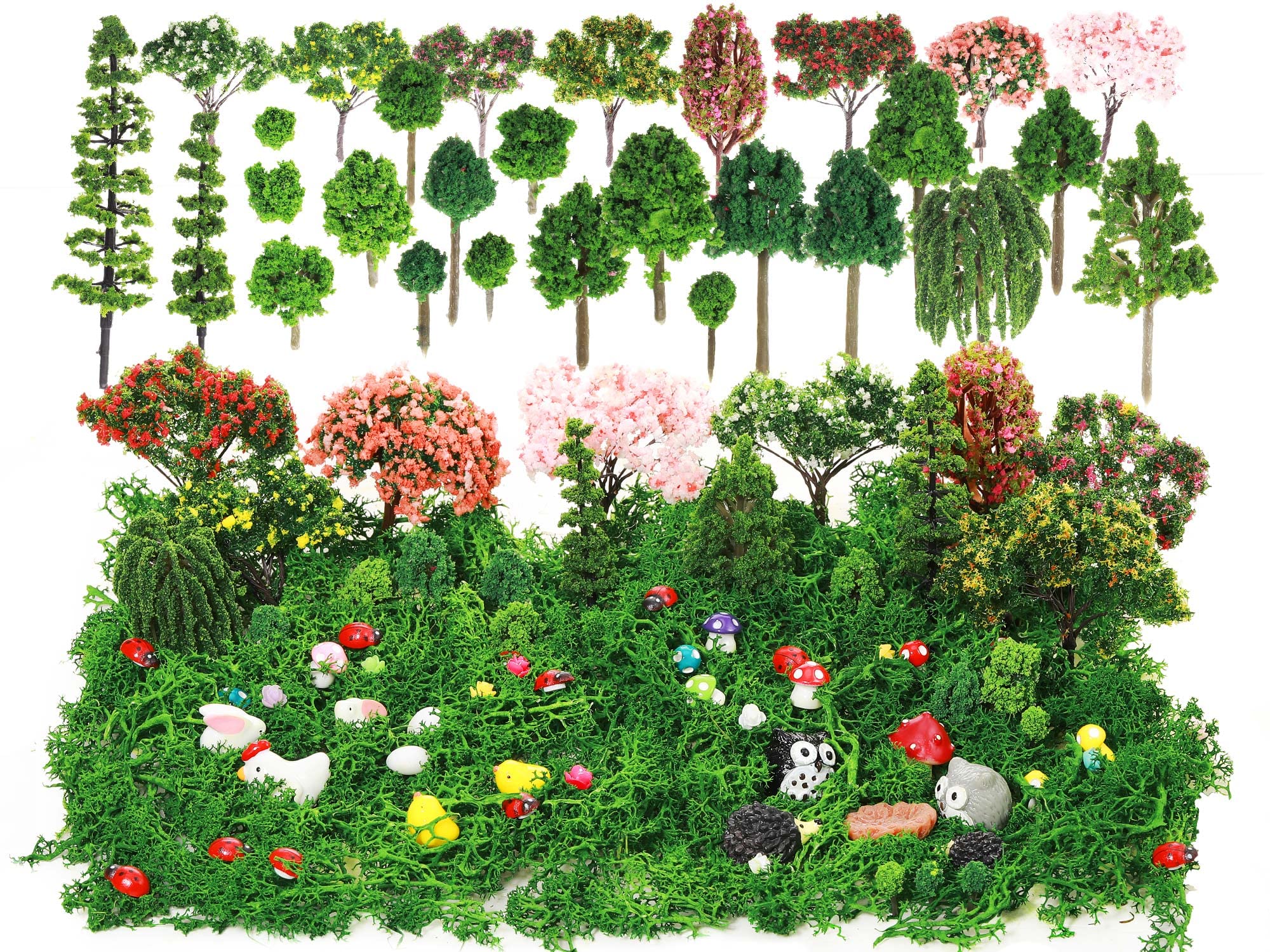 Hoteam 72 Pcs Miniature Garden Accessories Mini Moss Garden Animals Rabbit Owl Miniature Figurines Fake Diorama Trees Natural Outdoor Sheet for DIY Fairy Craft Decor