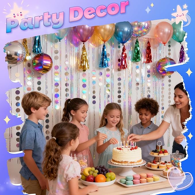 BTSD-home Iridescent Party Decorations 4 Pack Iridescent Garland Circle Dots Tool-Free Hanging Holographic Decor for Birthdays Graduation Christmas and Weddings Photography Background