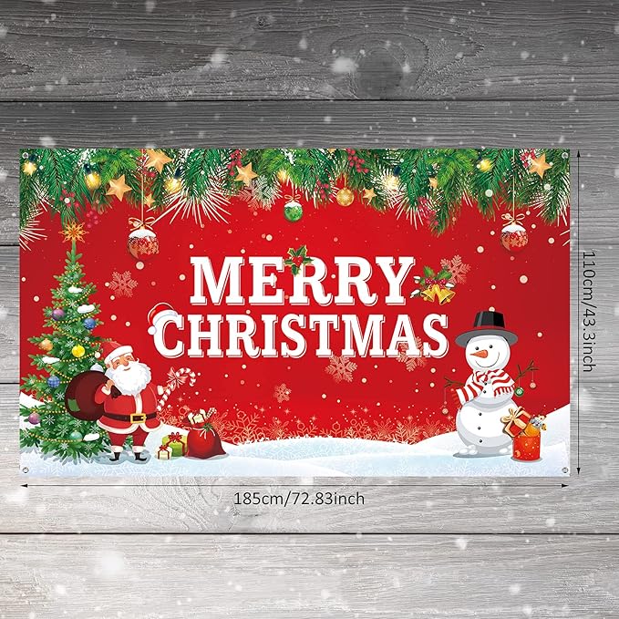 Merry Christmas Backdrop for Photography Banner Large Snow Wonderland Backdrop Winter Snowman Scene Xmas Santa Tree Background for Outdoor Indoor Christmas Decorations Party Gifts, 72.8 x 43.3 Inch