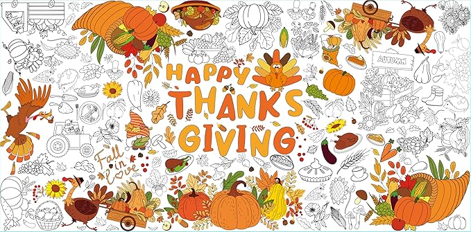Tbsone Fall Thanksgiving Coloring Tablecloth Poster - 30x72 Inches Giant Paper Banner for Kids - Thanksgiving Crafts, Activities - Ideal for Fall Thanksgiving Party Decorations and Games